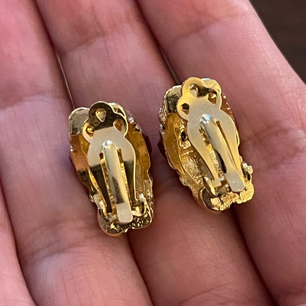 Ruby Red Pave Set Crystal Gold Tone Clip On Earri… - image 7